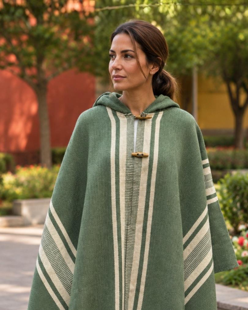 Modelo usando poncho coihue de lana de alpaca y oveja