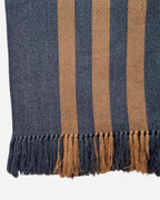 Detalle de flecos y tejido de la Manta Suspiro gris y camel de alpaca y algodón.