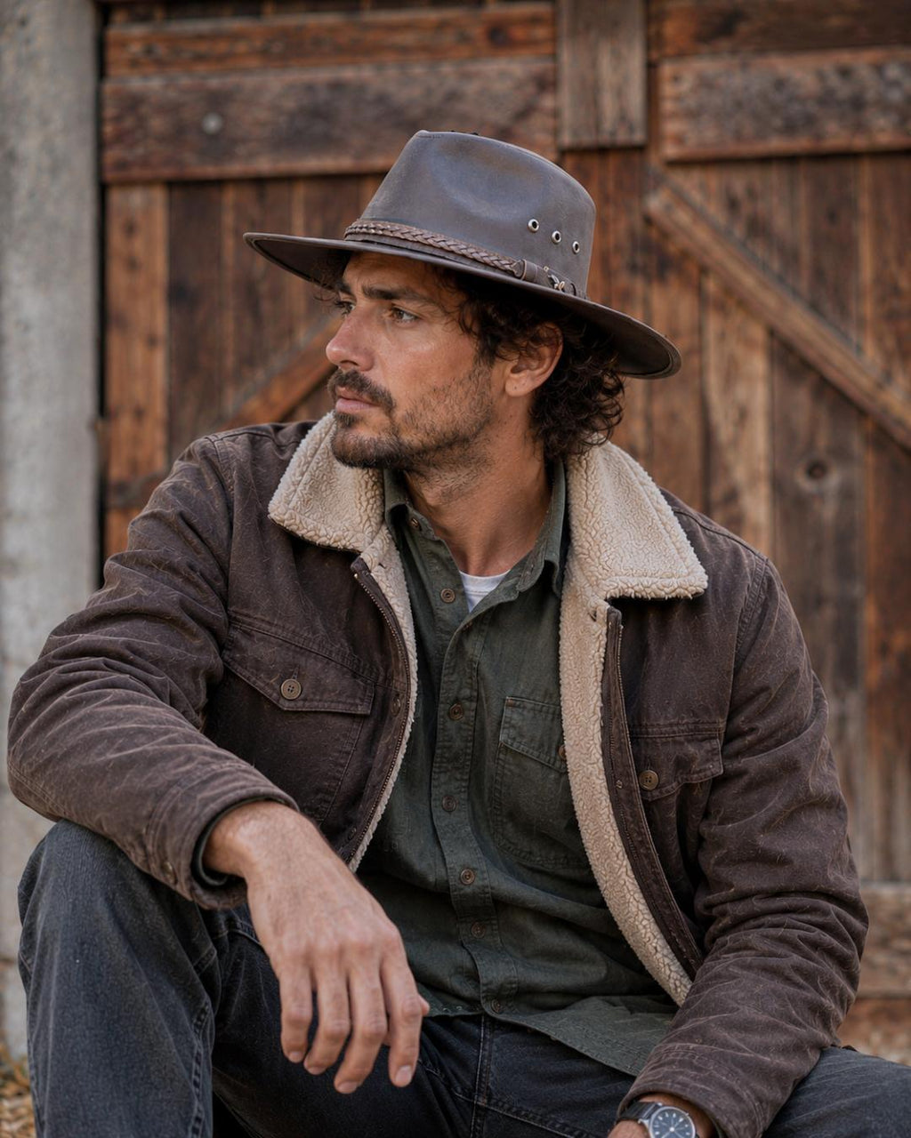 Sombrero australiano de cuero natural color café moro en modelo hombre, estilo outdoor.