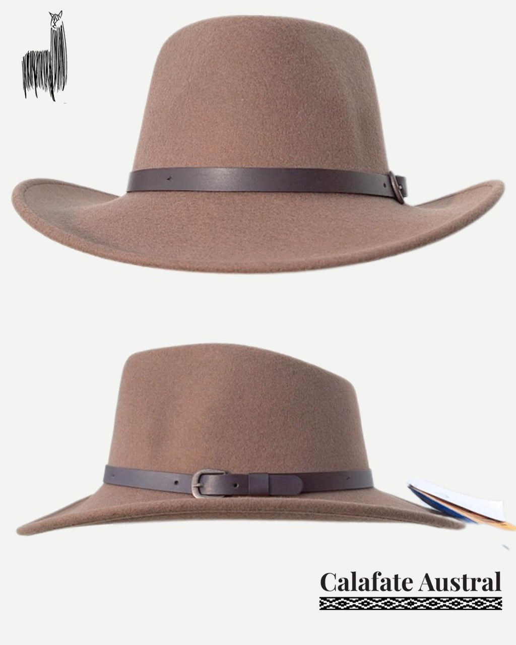 Sombrero Indiana de lana beige tostado visto desde el lateral y la parte trasera, con cinta de cuero y ala moldeada.